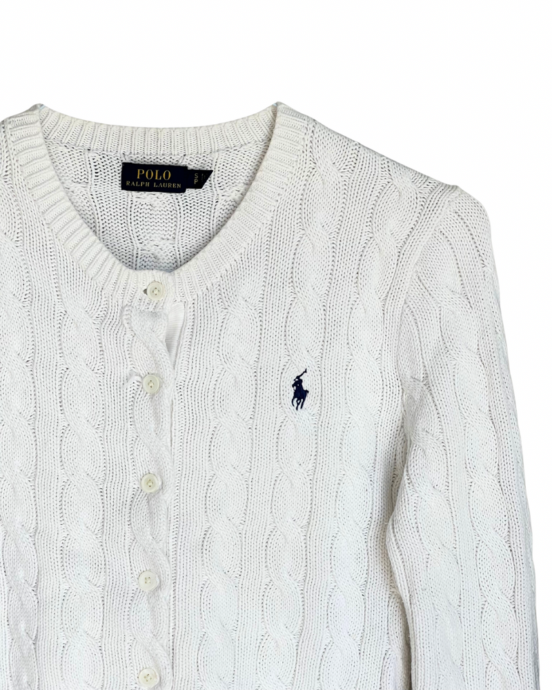 ‏RL White & Navy Logo Cable Knit Cardigan