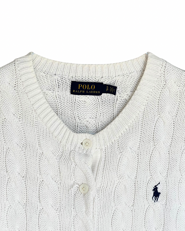 ‏RL White & Navy Logo Cable Knit Cardigan