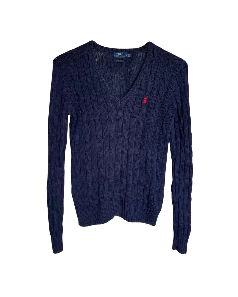 ‏RL Navy & Red Logo V-Neck Cable Knit Sweater, Size S