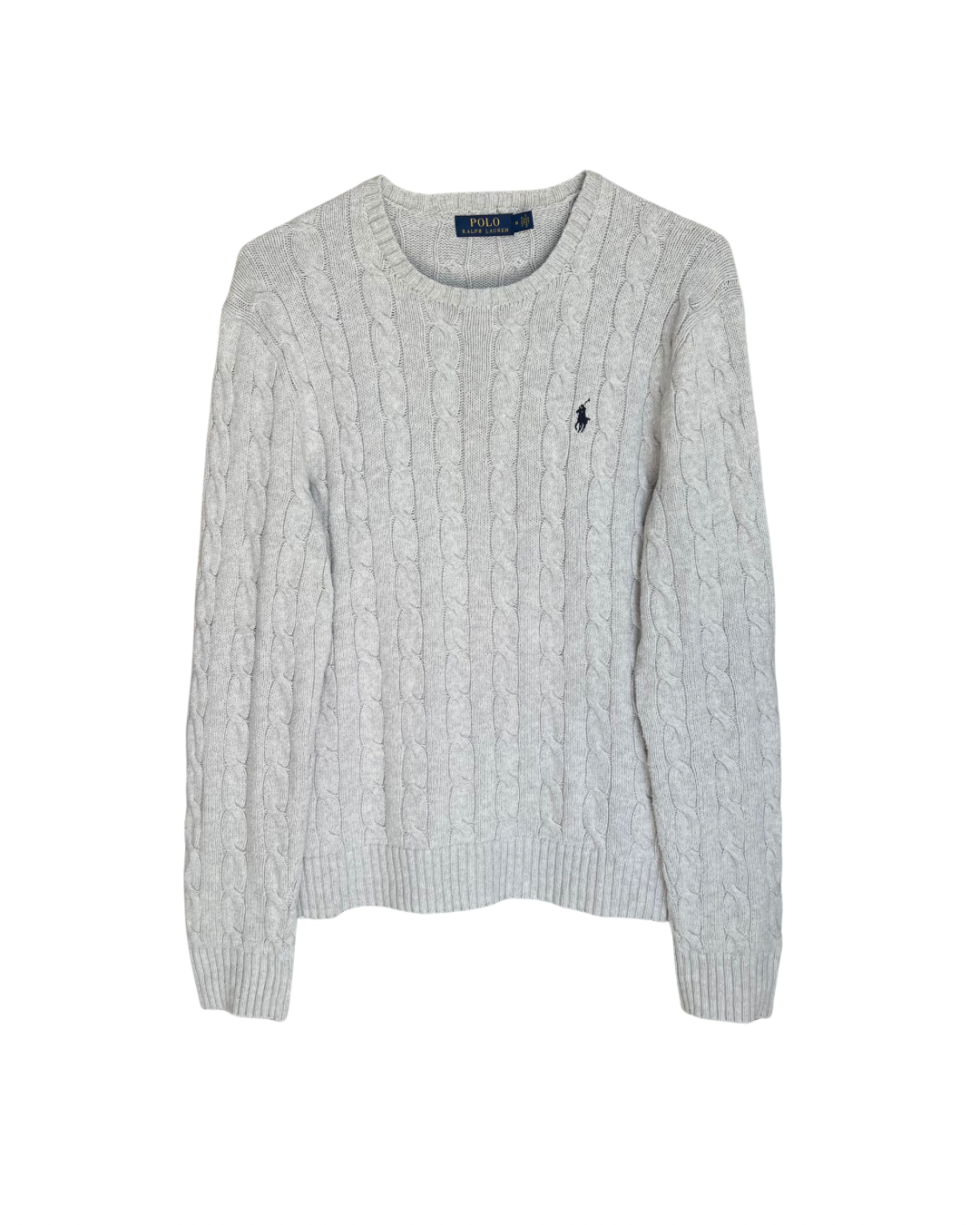 ‏RL Light Gray & Navy Logo Cable Knit Sweater