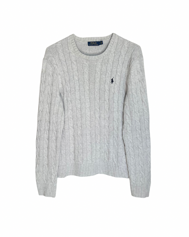 ‏RL Light Gray & Navy Logo Cable Knit Sweater