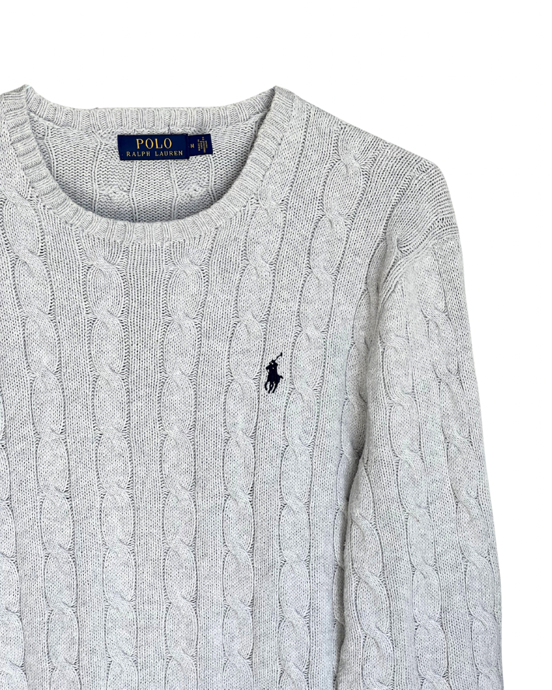 ‏RL Light Gray & Navy Logo Cable Knit Sweater