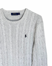 ‏RL Light Gray & Navy Logo Cable Knit Sweater