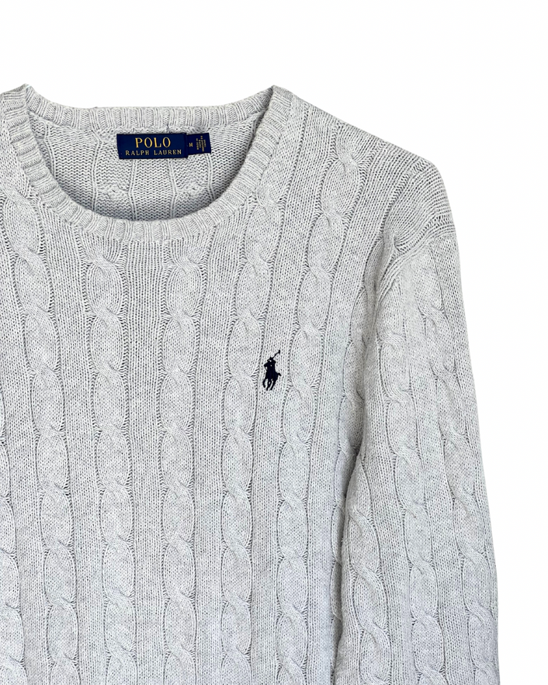 ‏RL Light Gray & Navy Logo Cable Knit Sweater
