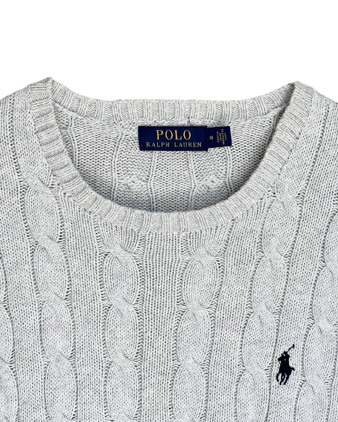 ‏RL Light Gray & Navy Logo Cable Knit Sweater
