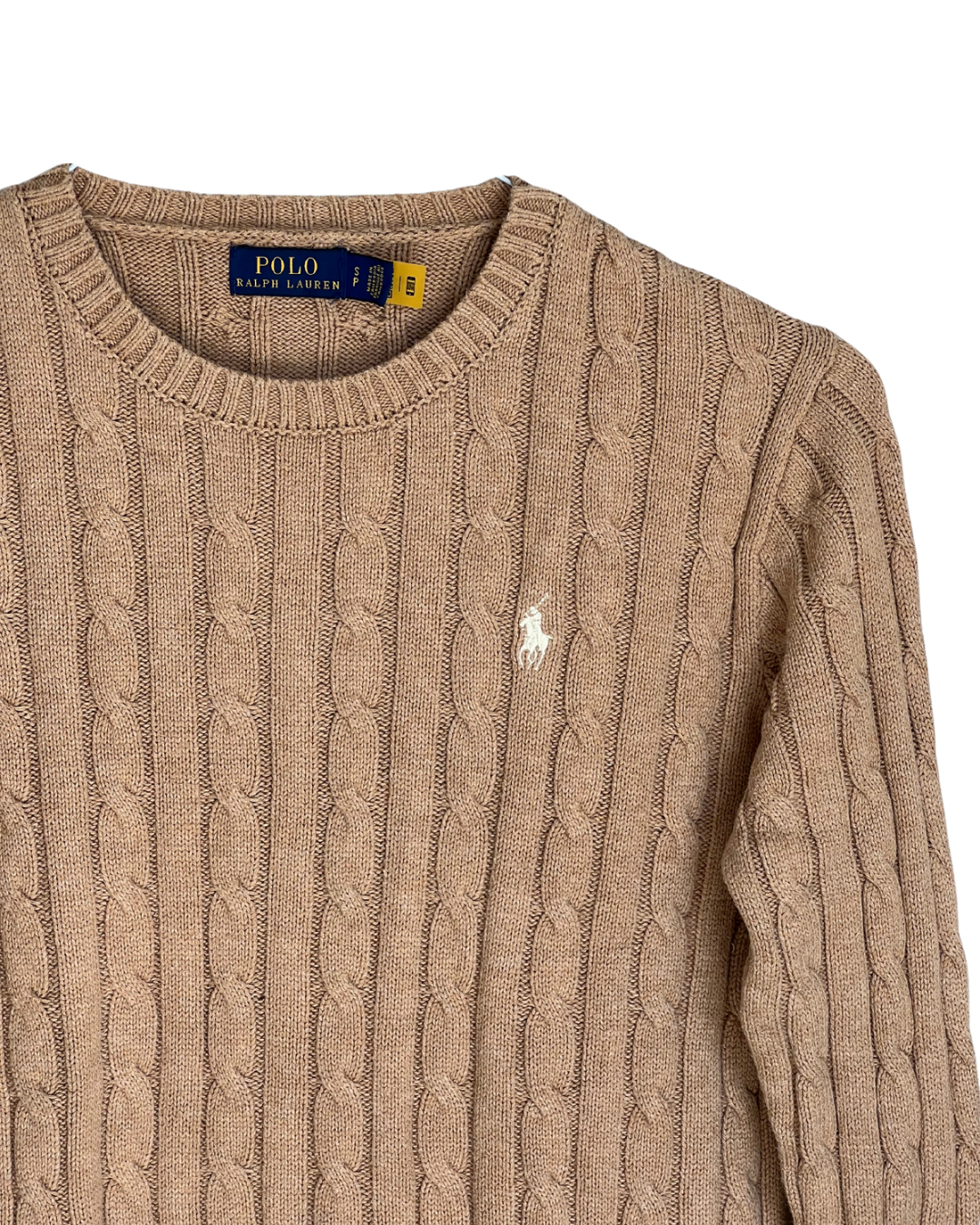 ‏RL Camel & White Logo Cable Knit Sweater