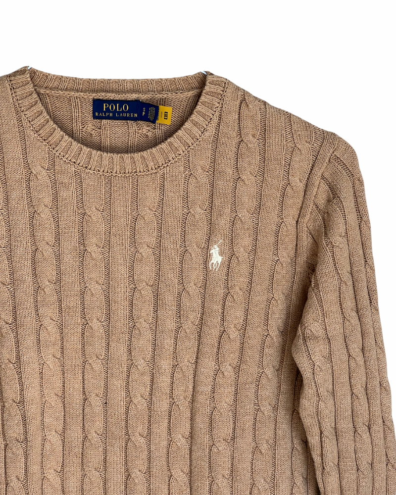 ‏RL Camel & White Logo Cable Knit Sweater