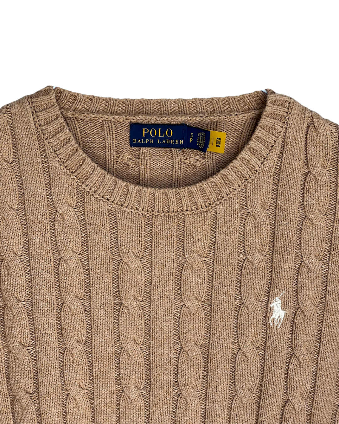 ‏RL Camel & White Logo Cable Knit Sweater