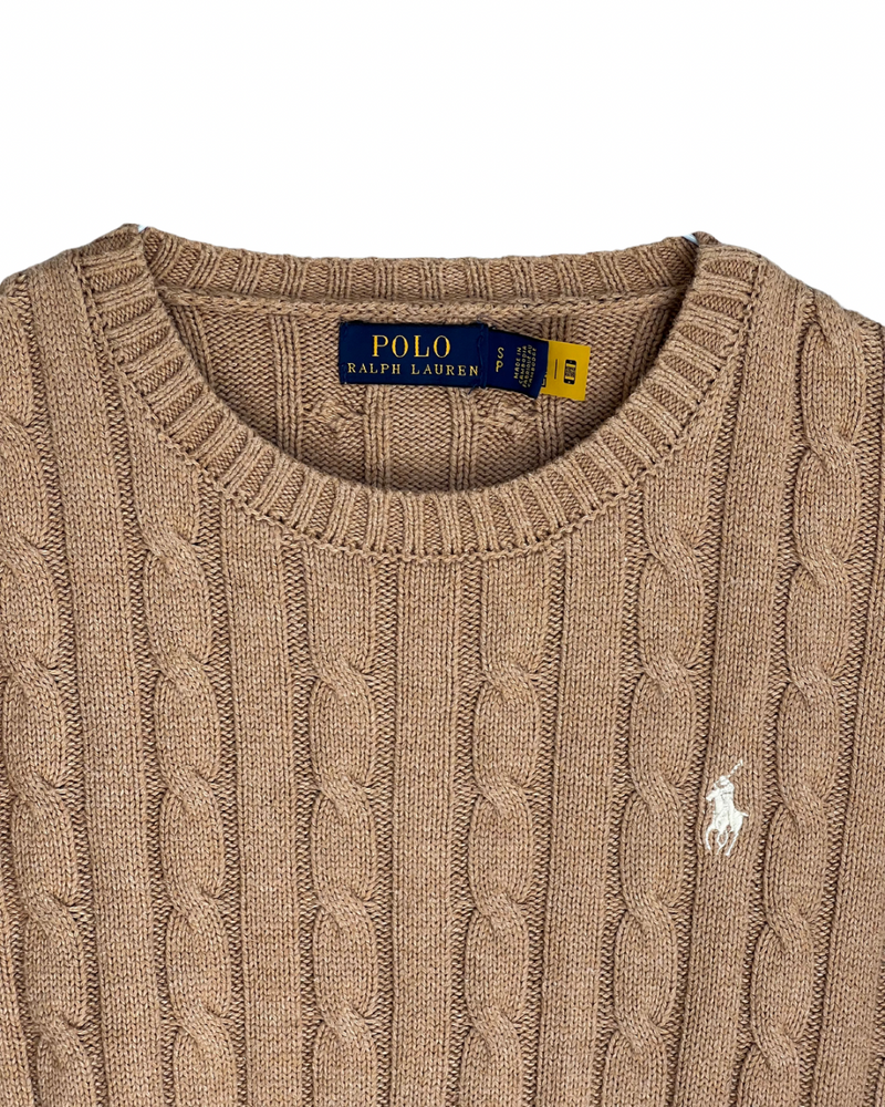 ‏RL Camel & White Logo Cable Knit Sweater