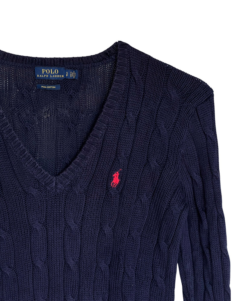 ‏RL Navy & Red Logo V-Neck Cable Knit Sweater, Size S