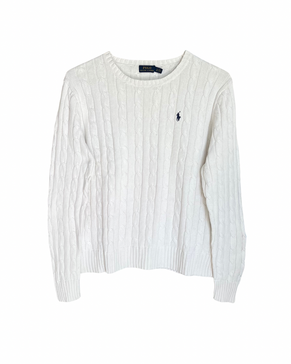 ‏RL White &Navy Logo Cable Knit Sweater
