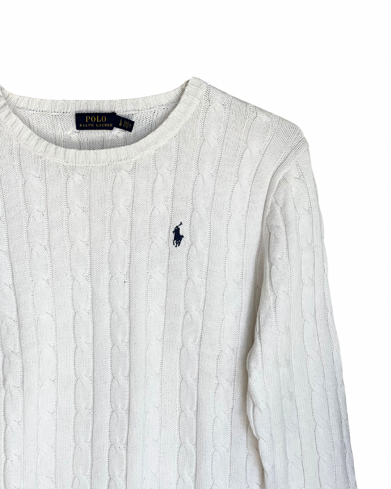 ‏RL White &Navy Logo Cable Knit Sweater