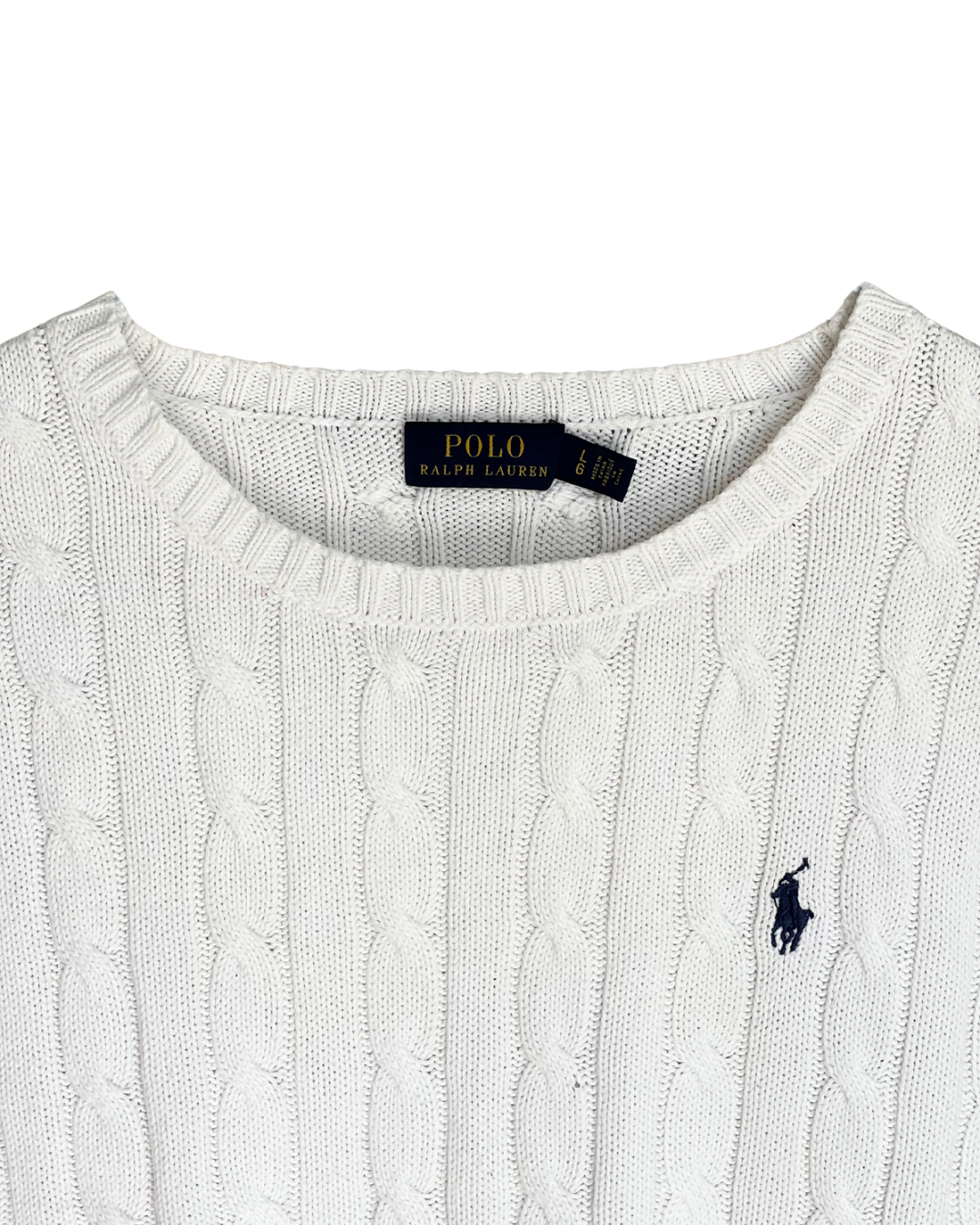 ‏RL White &Navy Logo Cable Knit Sweater