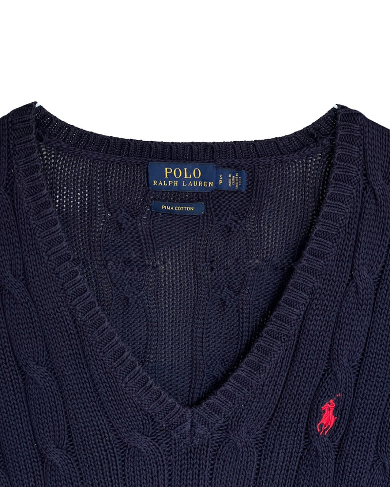 ‏RL Navy & Red Logo V-Neck Cable Knit Sweater, Size S