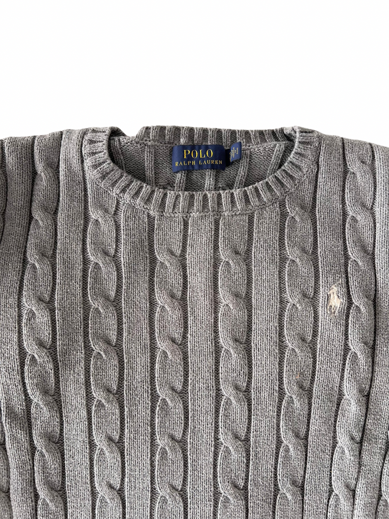 ‏Gray & white logo cable knit sweater