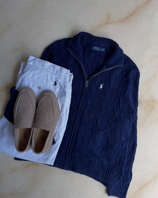 Cable Knit Full-Zip Sweater Ralph Lauren - Navy blue&amp;White