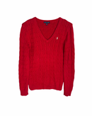 ‏RL Red & Cream Logo V-Neck Cable Knit Sweater