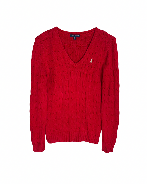 ‏RL Red & Cream Logo V-Neck Cable Knit Sweater