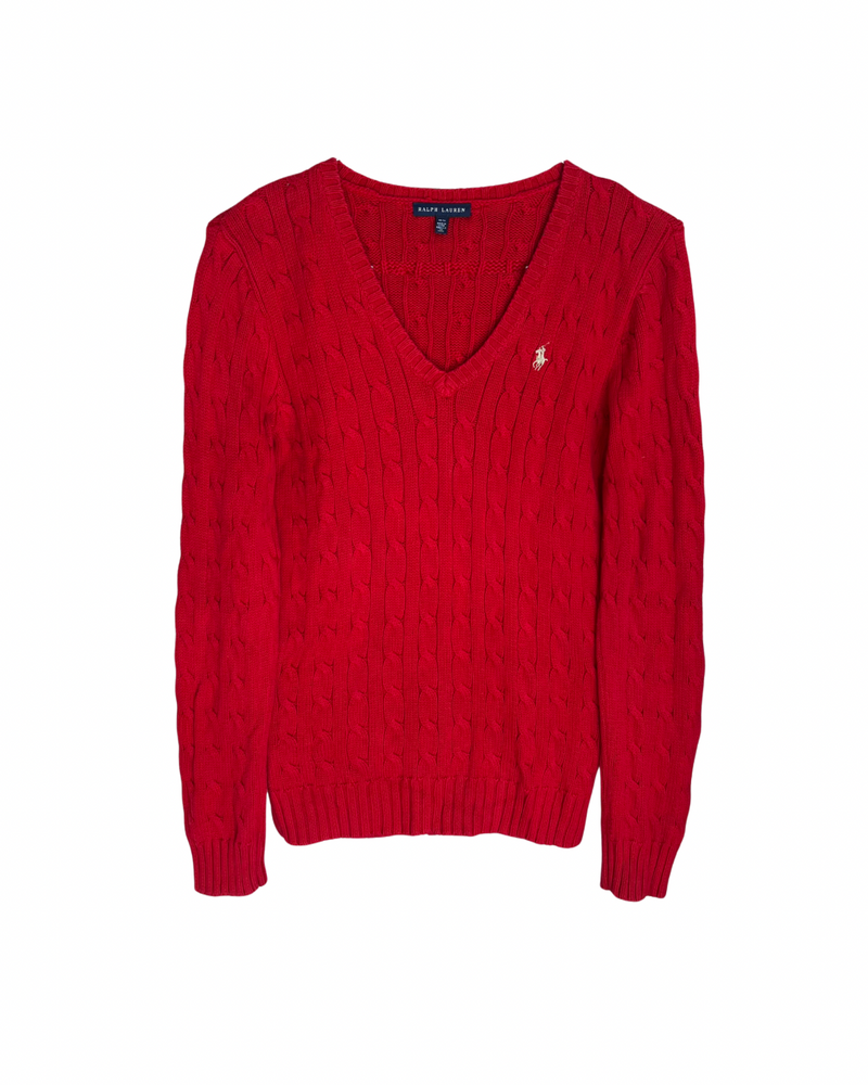 ‏RL Red & Cream Logo V-Neck Cable Knit Sweater
