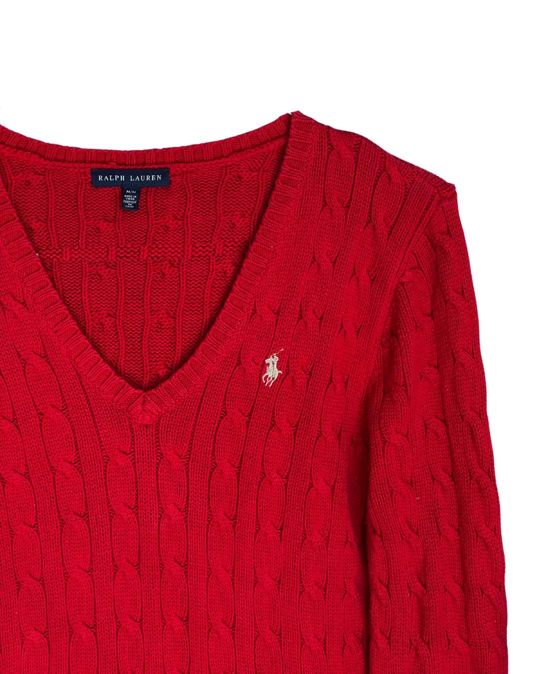 ‏RL Red & Cream Logo V-Neck Cable Knit Sweater