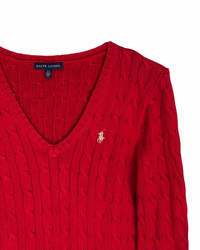 ‏RL Red & Cream Logo V-Neck Cable Knit Sweater