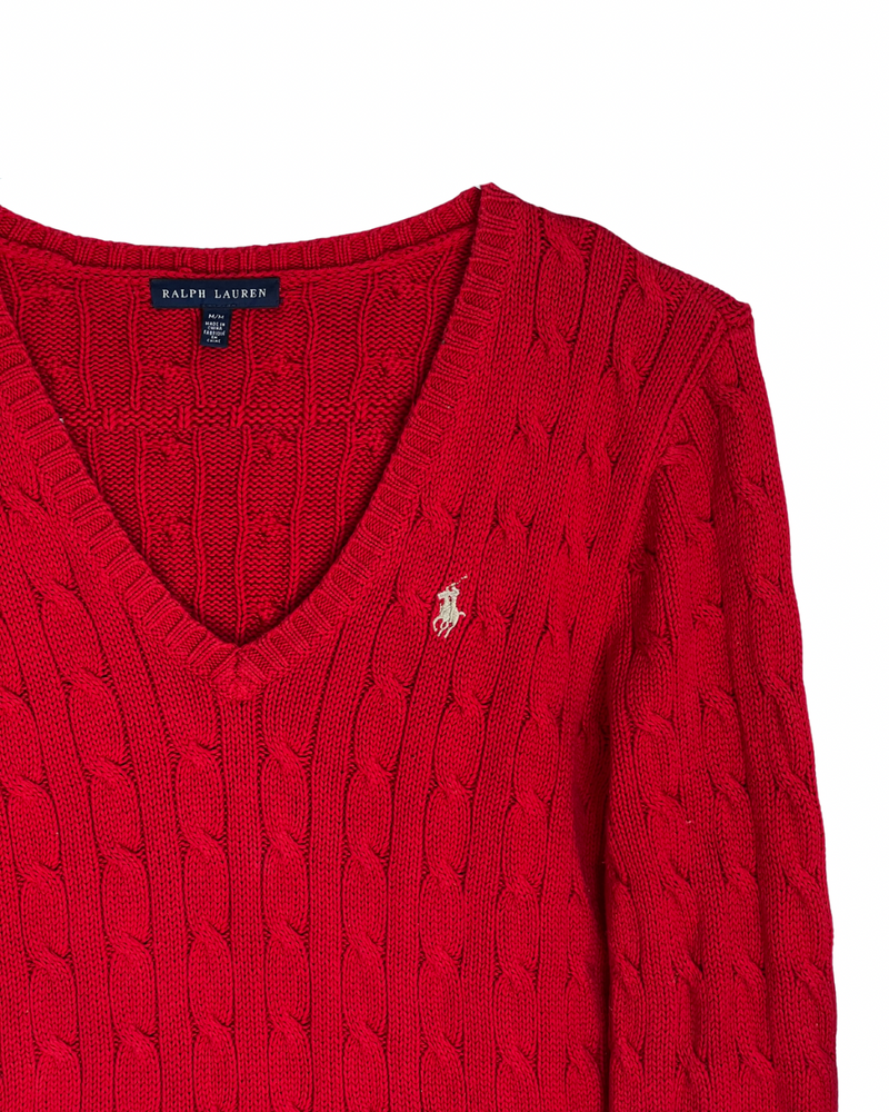 ‏RL Red & Cream Logo V-Neck Cable Knit Sweater
