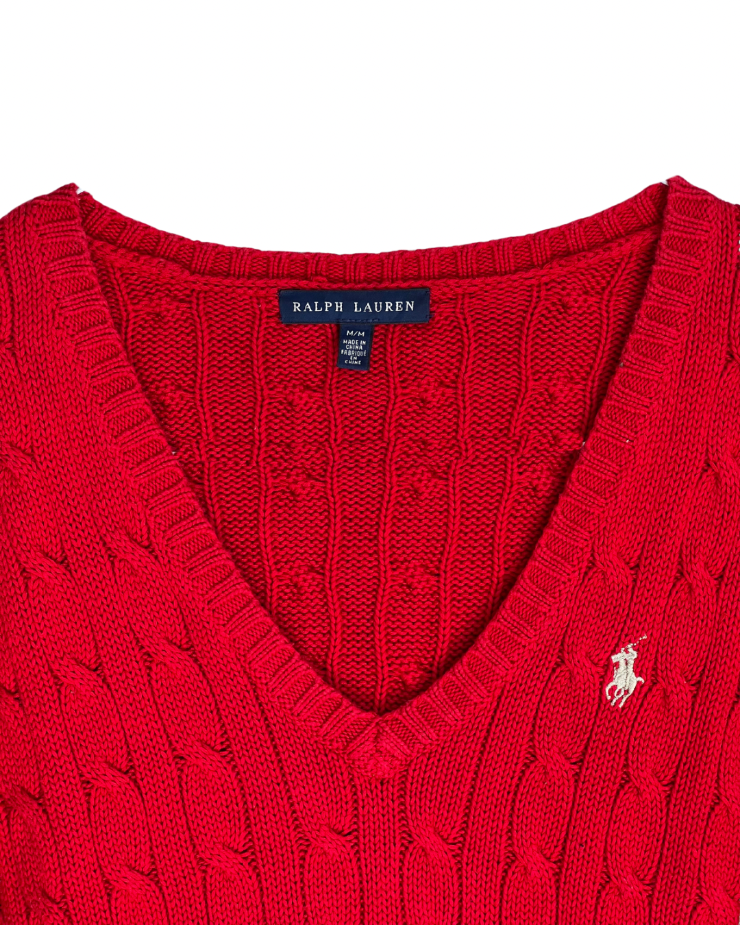 ‏RL Red & Cream Logo V-Neck Cable Knit Sweater