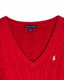 ‏RL Red & Cream Logo V-Neck Cable Knit Sweater