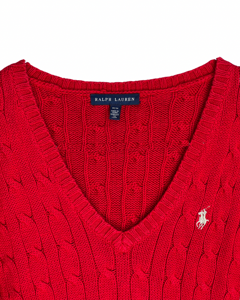 ‏RL Red & Cream Logo V-Neck Cable Knit Sweater