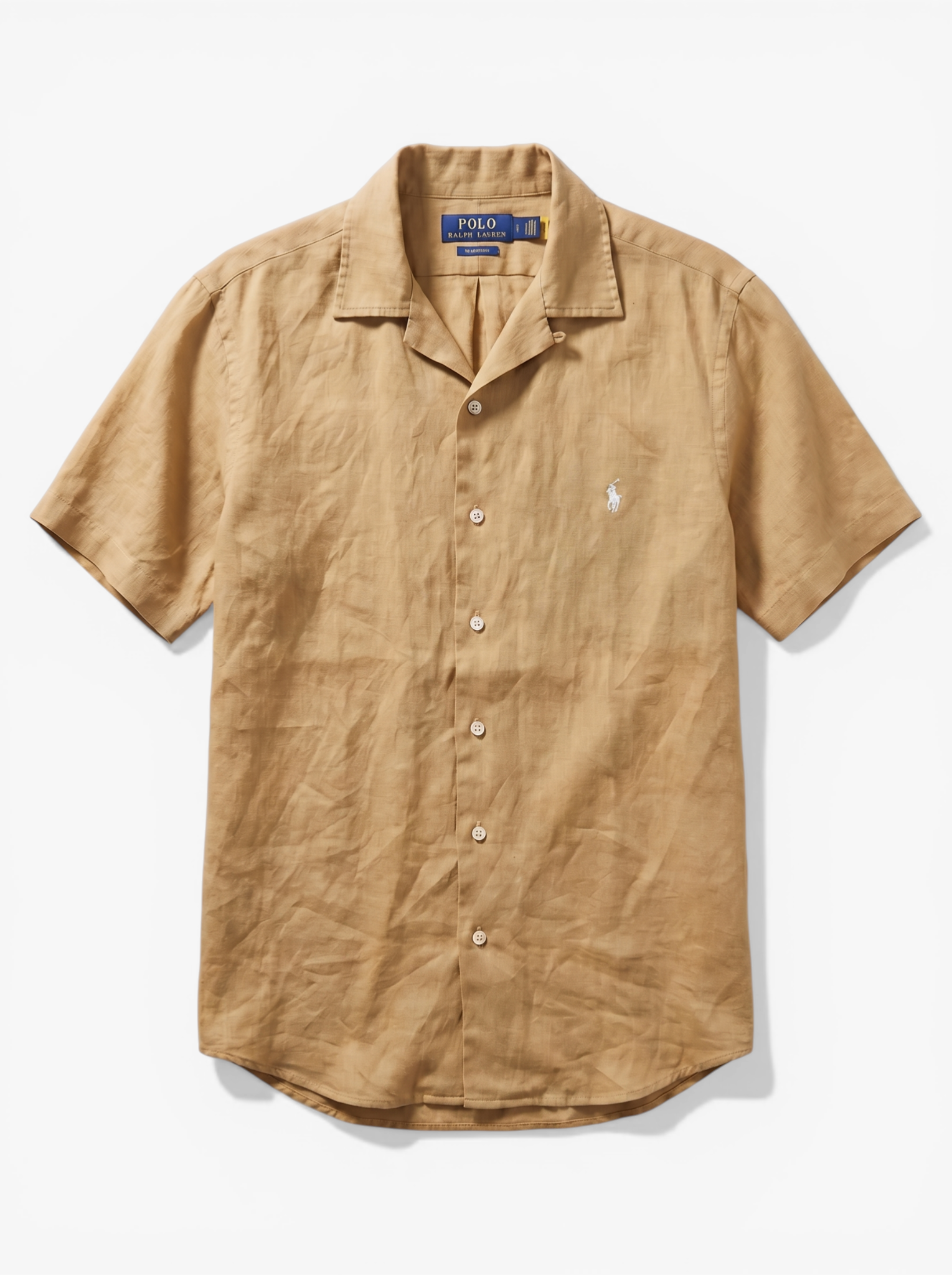 מכופתרת פשתן חום בהיר לוגו לבן שרוול קצר Polo Ralph Lauren