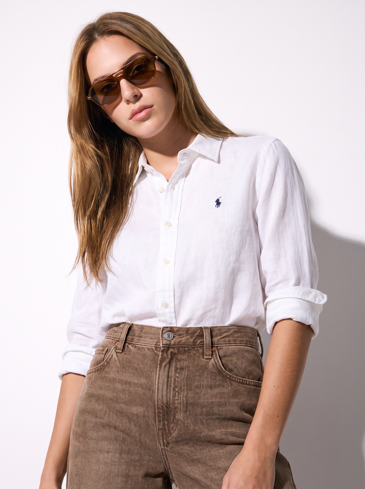 מכופתרת פשתן לבנה לנשים לוגו נייבי Polo Ralph Lauren