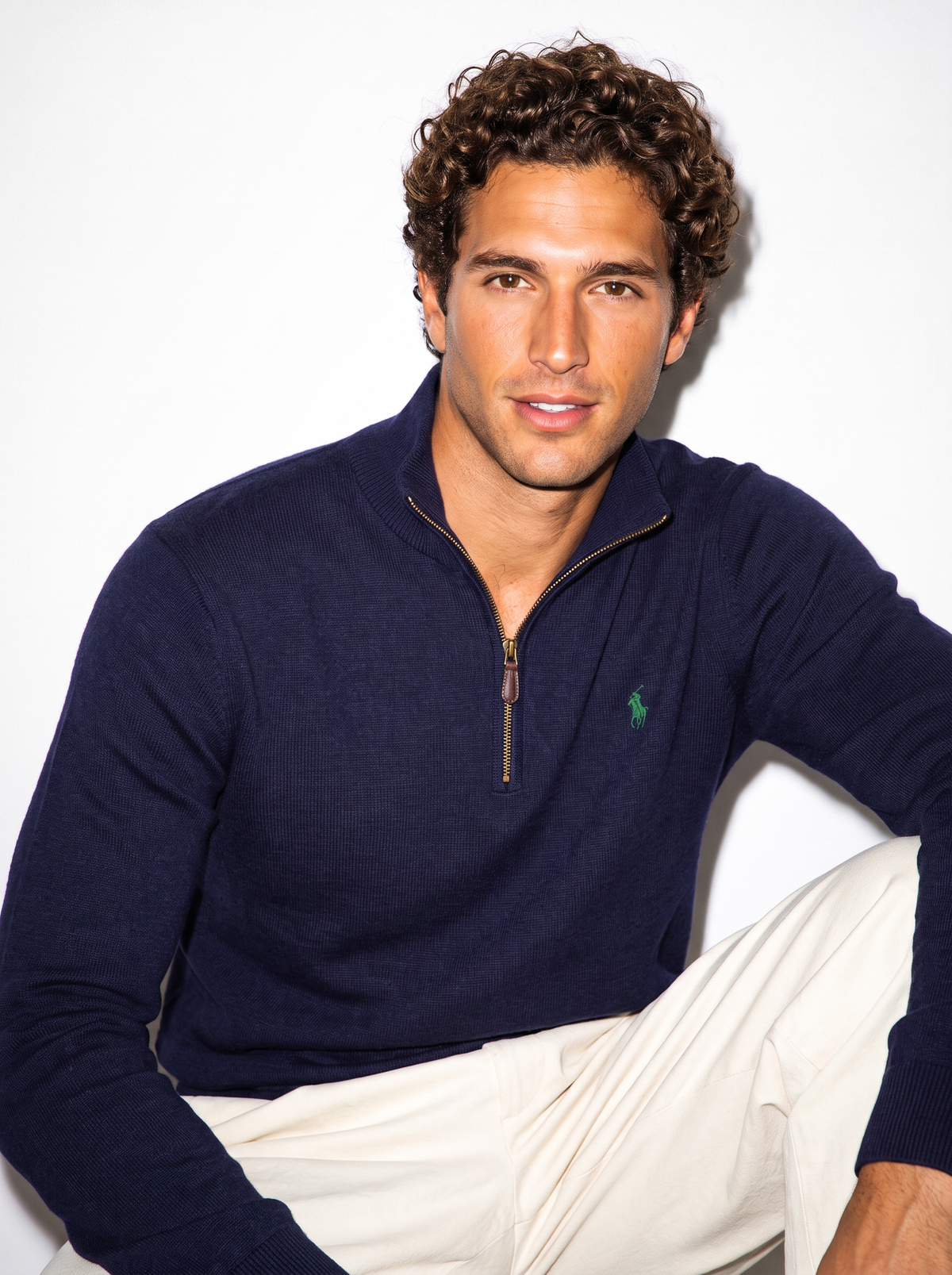 סריג חצי רוכסן נייבי לוגו ירוק Polo Ralph Lauren