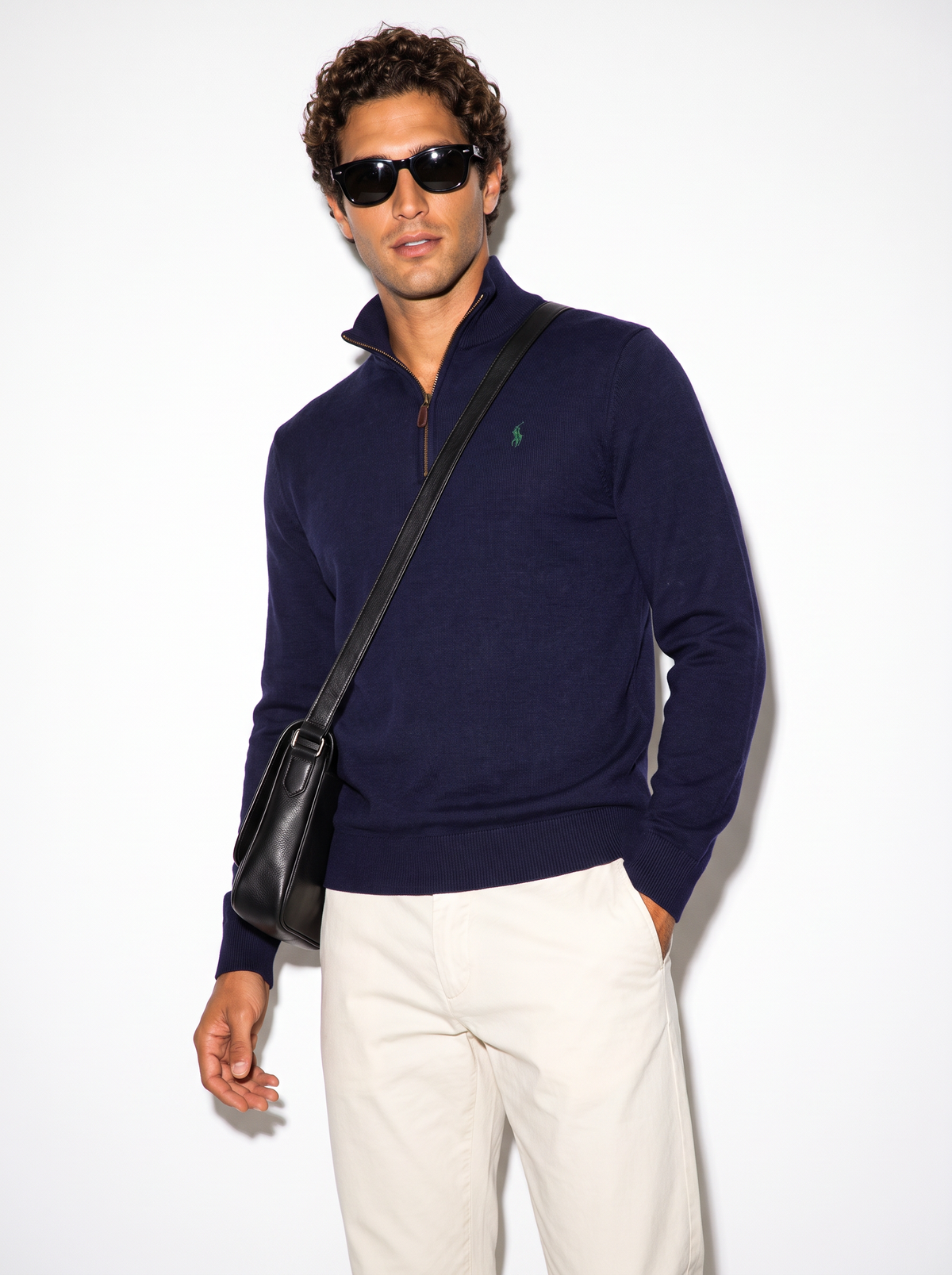 סריג חצי רוכסן נייבי לוגו ירוק Polo Ralph Lauren