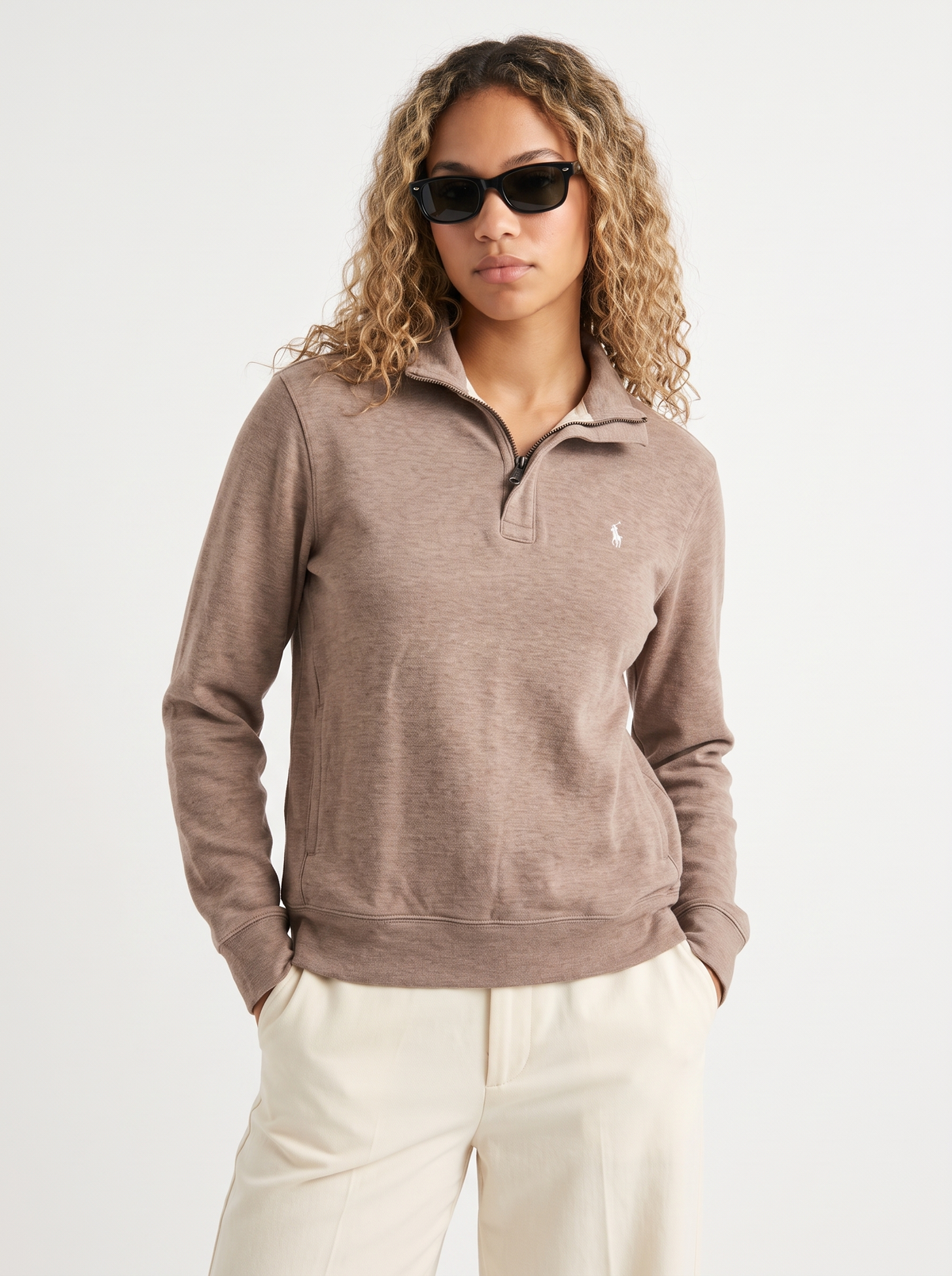 סריג חצי רוכסן חום לוגו לבן Polo Ralph Lauren