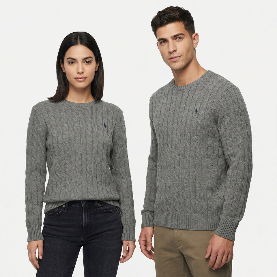 RL Grey Cable Knit Sweater & Navy Logo (M)