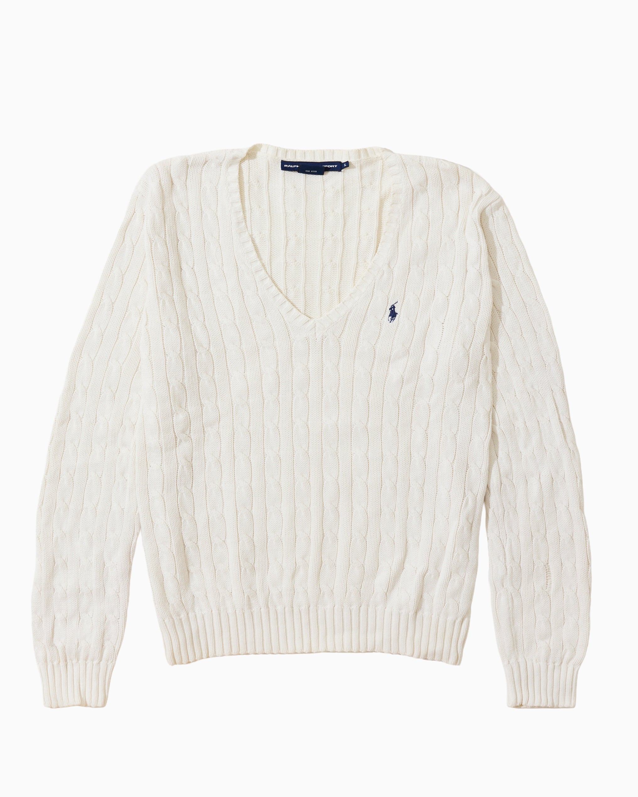 RL White Cable Knit V-Neck Sweater & Navy Logo (XL)