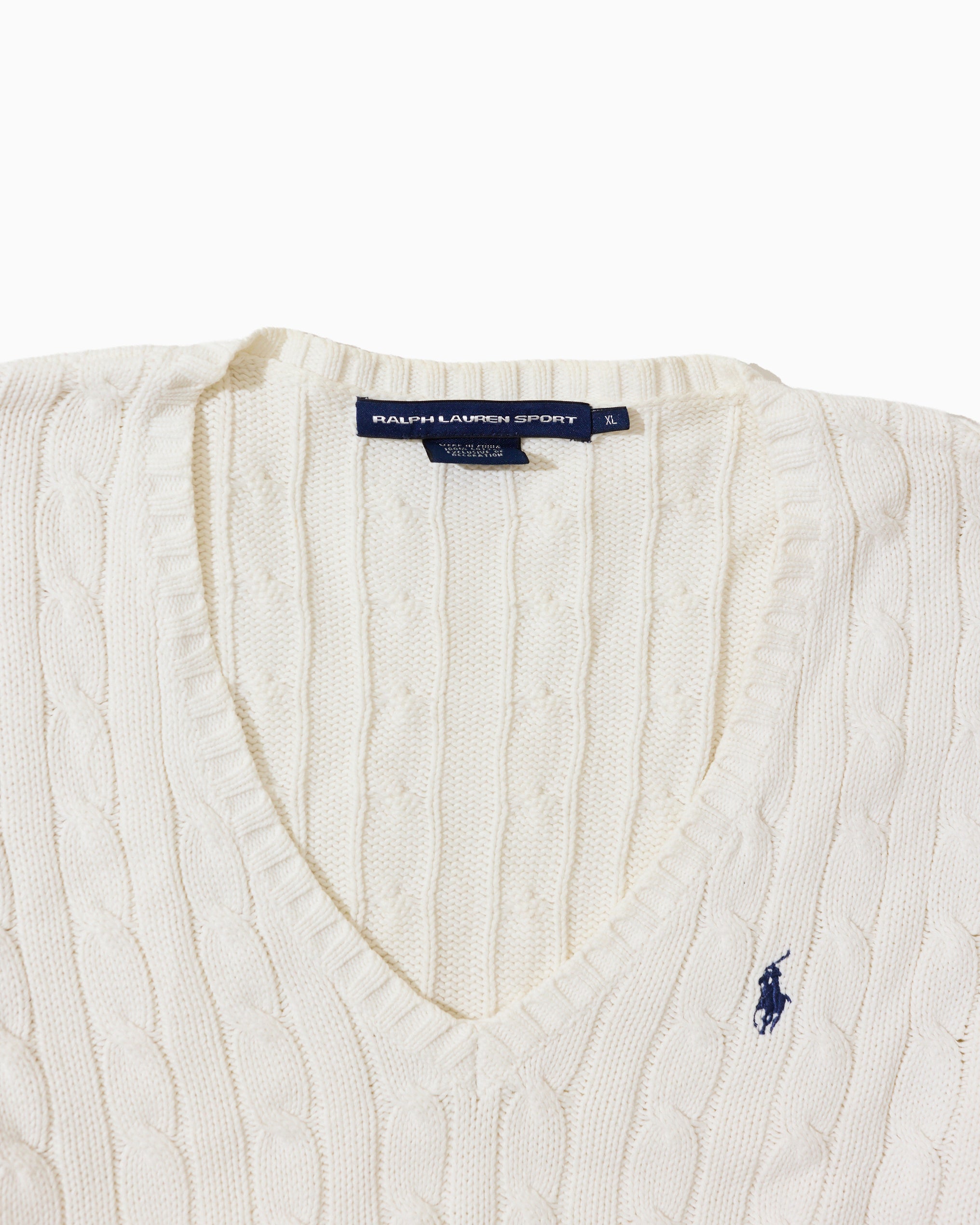 RL White Cable Knit V-Neck Sweater & Navy Logo (XL)