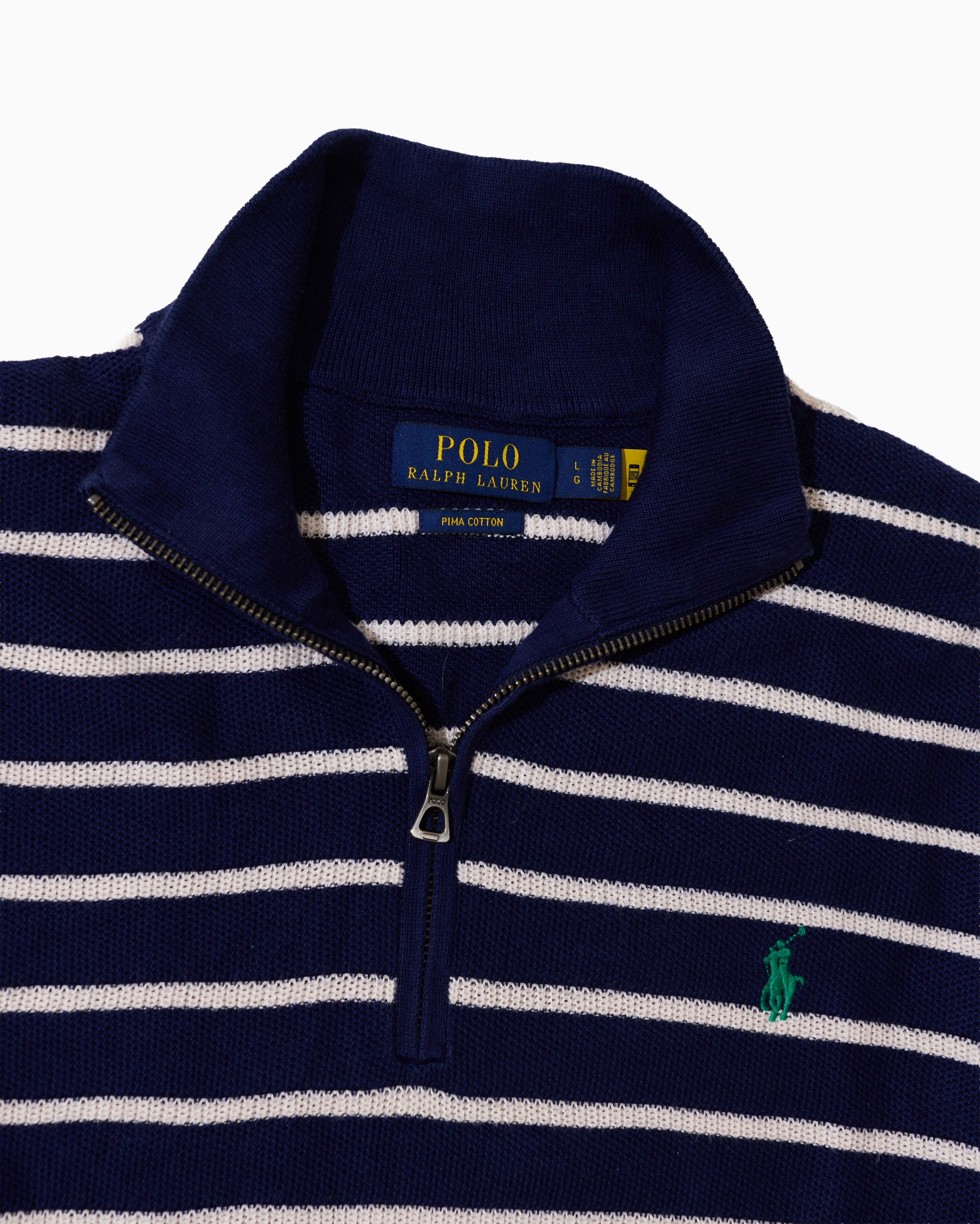 RL Navy Striped Half-Zip Knit Sweater & Green Logo (L)